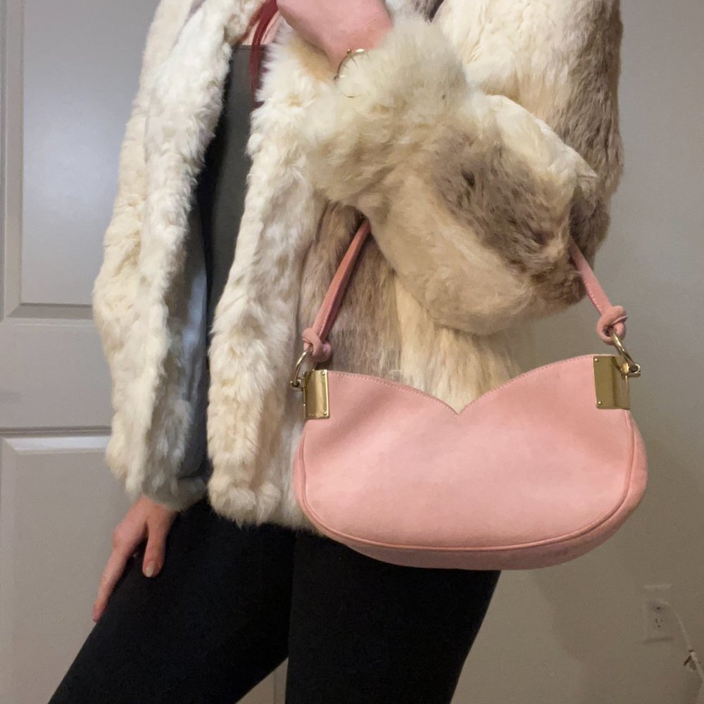 Escada Small Pink Tote Purse Handbag, Heart shaped, Y2K Barbie, Suede